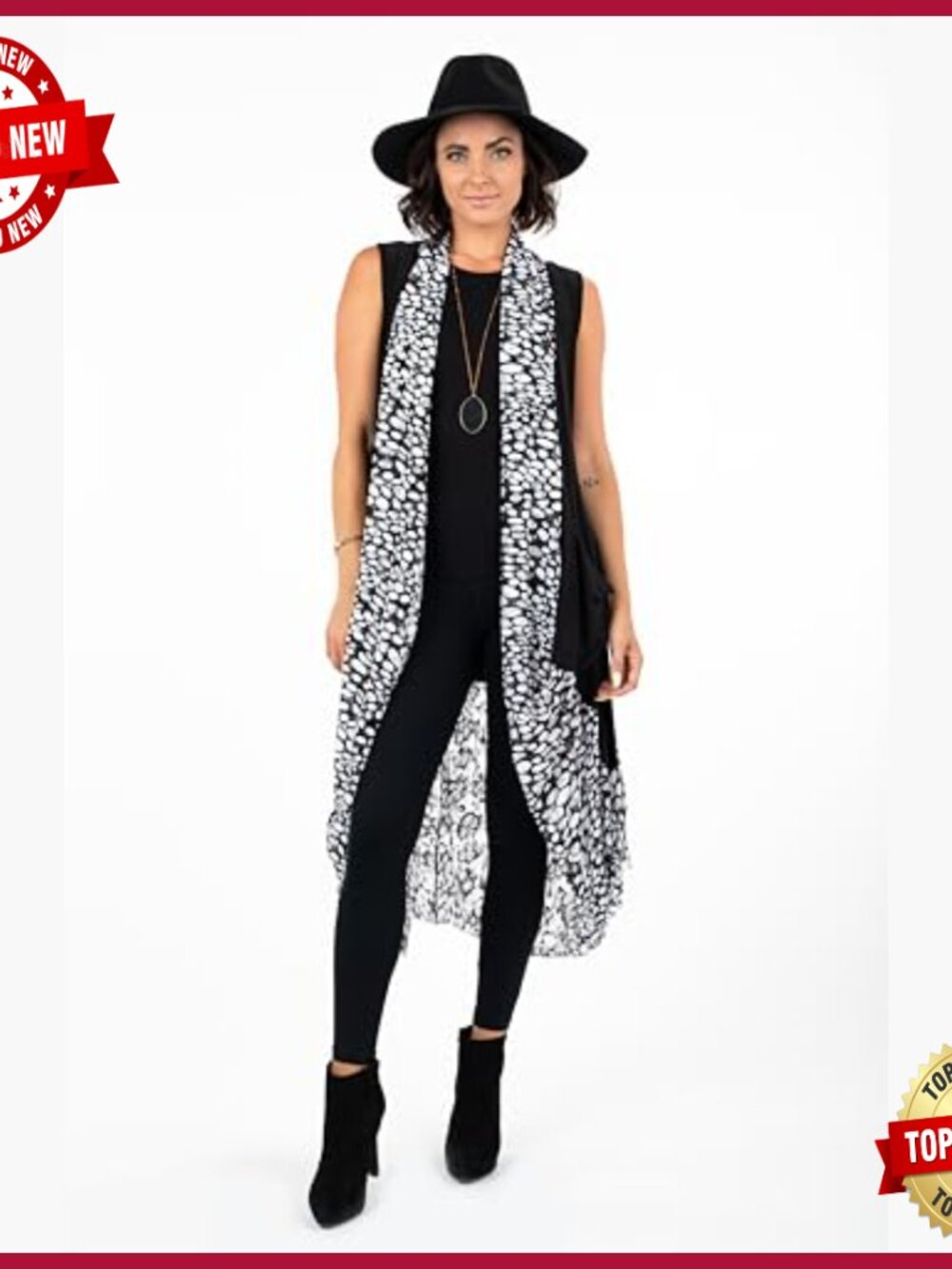 Printed Long Duster with Pockets, Sleeveless Open Front Cardigan - Picture 5 of 5